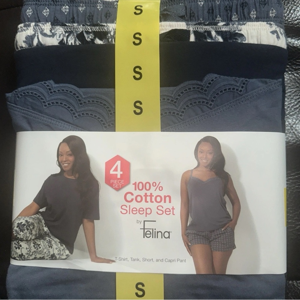 Brand New With Tags 4 pieces Felina Navy and White Cotton Pajama Set